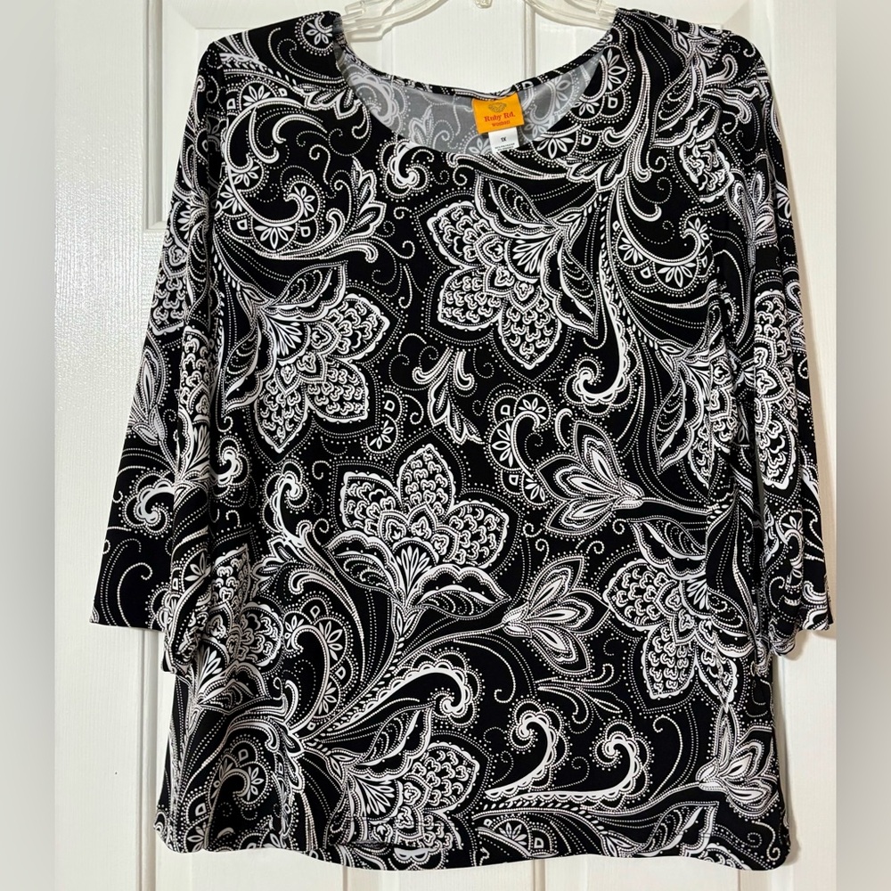 Ruby Rd. Black and White Floral Paisley Blouse